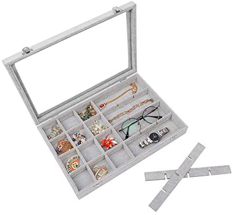 24 Grid Velvet Glass Jewelry Ring Display Organizer Box Tray Holder Storage Case 