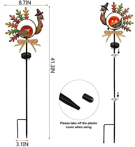 41.5 Inch Outdoor LED Solar Powered Turkey Thanksgiving Pathway Lights Metal Garden Stakes Lawn Yard Ornament Set of 2 SAND MINE Solar Thanksgiving Yard Decorations 