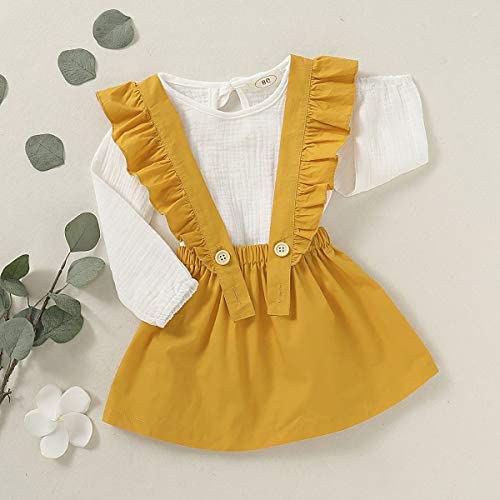 Toddler Baby Girl Linen Suspender Skirt Set Long Sleeve Shirts Ruffled Dress Clothes