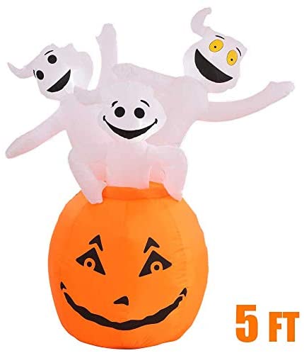 5FT Halloween Inflatable Pumpkin Ghost with LED Light Holiday Outdoor Yard Décor 