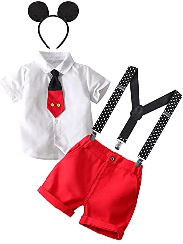 Baby Boys Mouse Costume Cosplay Bowtie Romper Suspenders Shorts Pants 1st Birthday Halloween Cake Smash Tuxedo Outfit 