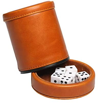 Velvet Interior Quiet in Shaking for Liars Dice Farkle Yahtzee Board Games, RERIVER Leatherette Dice Cup with Lid Includes 6 Dices 2Pack, Brown 