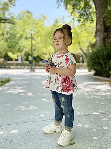 Yaffi 2-Piece Long-Sleeve Top and Jeans Set Sweet Floral Ruffle Shirt and Ripped Pants for Toddlers 
