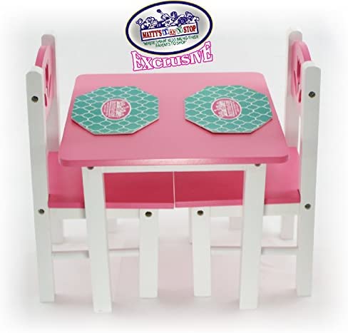 Fits American Girl Dolls Floral Design Mattys Toy Stop 18 Inch Doll Furniture White Wooden Table and Chairs Set with Placemats 