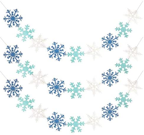 3 Pack Glitter Snowflakes Banners Winter Snowflakes Garland for Christmas Holiday Themed Party Decor Santa Festive Party Decor Winter Mantle New Year Party Home Decorations White & Blue & Light Blue 
