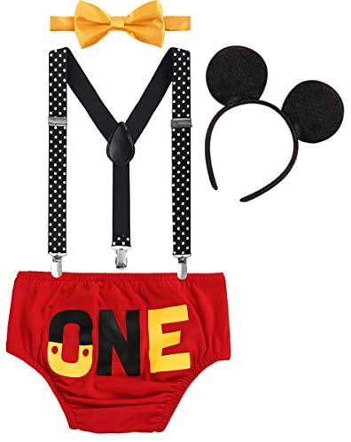 Mickey Mouse Birthday Cake Smash Suspenders Headband 4PCS Clothes Outfits Boys 