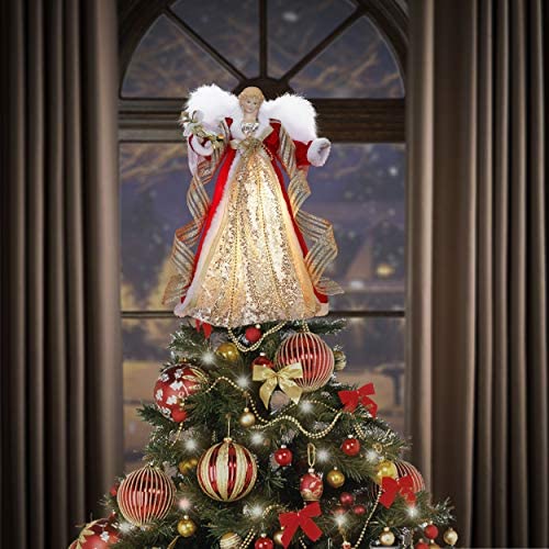 Valery Madelyn Christmas Tree Topper Decorations Not Included 11Inch/29cm Pre-Lit Red and Gold Metal Star with 10 Warm LED Lights Battery Operated 