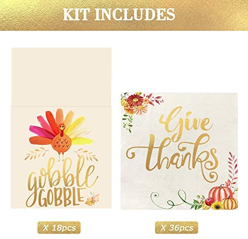 Give Thanks Decorations for Autumn Fall Harvest Wedding Table Disposable Centerpiece Decor 54 Pack Gold Foil Napkins Paper w Cutlery Holders ORIENTAL CHERRY Thanksgiving Napkins 