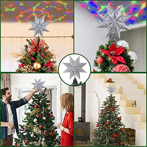 Metal Christmas Tree Decorations 11.4 Inch Christmas Tree Star Topper with Rotating Magic Rainbow LED Lights Plug in Lighted Christmas Tree Ornament GUOOU Christmas Tree Topper Silver