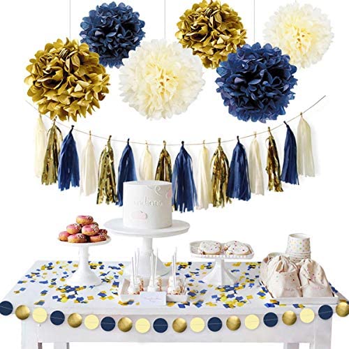 Nautical NICROLANDEE Nautical Party Supplies Glitter Gold and Stripe Paper Lanterns Navy Blue Tissue Pom Poms Hanging Honeycomb Ball for Birthday Wedding Bridal Shower Wall Decor 