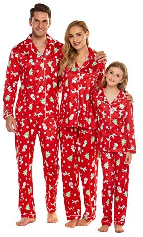 Ekouaer Christmas Family Matching Pajamas Long Sleeve Pj Set Warm Fleece Lined Festival Party Sleepwear with Button S-XXL