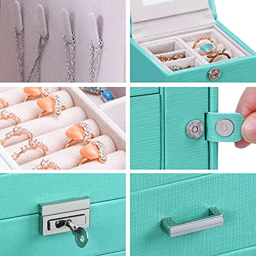 ANWBROAD 24 Section Jewelry Box Jewelry Organizer Box Display Storage Case Holder with Lock Mirror Girls Jewelry Box for Earrings Rings Necklaces Bracelets Earrings Gift Pink Faux Leather JJB002F 