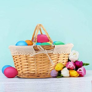 ZEONHEI Brown Oval Wicker Woven Basket Cheap Fruit Picnic Easter Candy Wedding Party Decoration Serving Basket with Folding Handles Elegant Linen Cloth Lining Attractive Willow Woven Gift Basket