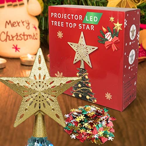 TEEDOR Christmas Tree Topper Lighted Snowflake Projector Light LED Silver and Christmas Foil Confetti Glitter for Christmas Xmas Tree Toppers Decorations Ornaments