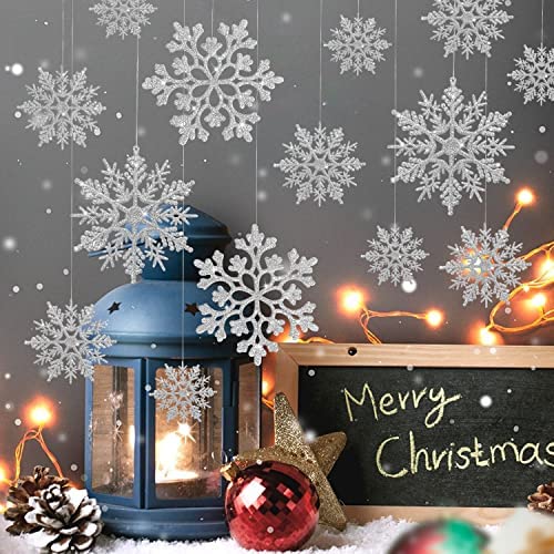 16PCS Silver Glitter Snowflake Winter Snowflake Ornaments Christmas Hanging Decorations with Silver Rope for Christmas Winter Wonderland Holiday New Year Party Home Decorations