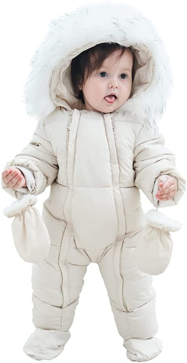 Baby Winter Snowsuit Zipper Closure Romper Fur Hooded Coat with Mittens Shoes 