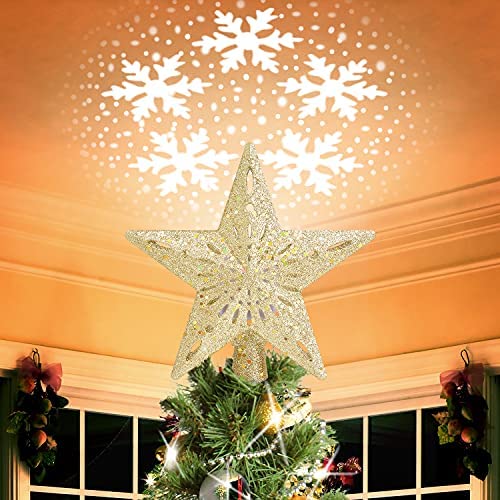 3D Glitter Christmas Tree Topper Lighted with Rotating Snowflake Projector 2021 