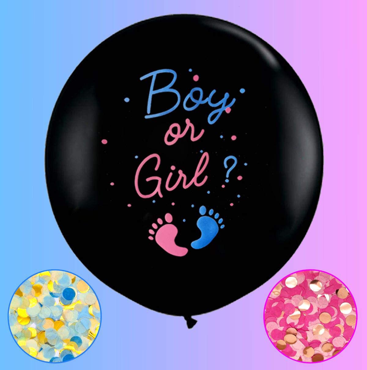 Giant Gender Reveal 2xBlack 36" Balloon with Baby Girl Pink or Boy Blue Confetti 