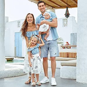 Mommy and Me Denim Printed Dresses Blue Pocket Tshirt Short Sleeve Matching Outfits Matching Family Outfits 