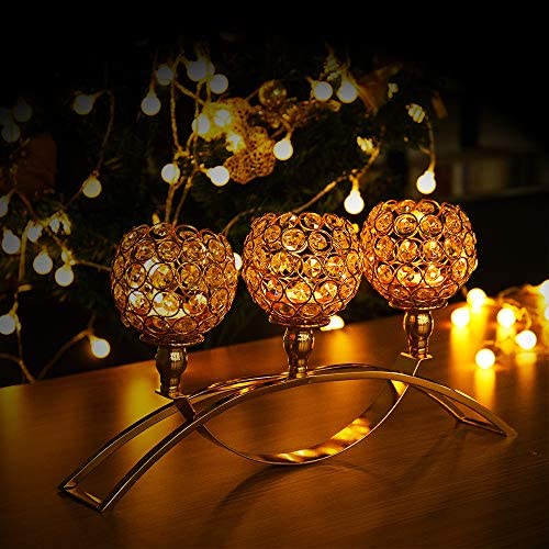 ManChDa Valentines Gift Gold Crystal Candle Holders Candelabra with 3 Arms for Christmas Home Decoration Wedding Dining Coffee Table Decorative Centerpiece Halloween Thanksgiving Gifts Gold 