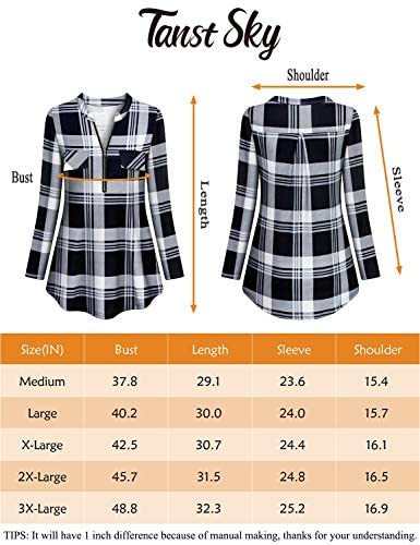 Tanst Sky Womens Casual Long Sleeve Zipped V Neck Plaid Tunic Blouses 