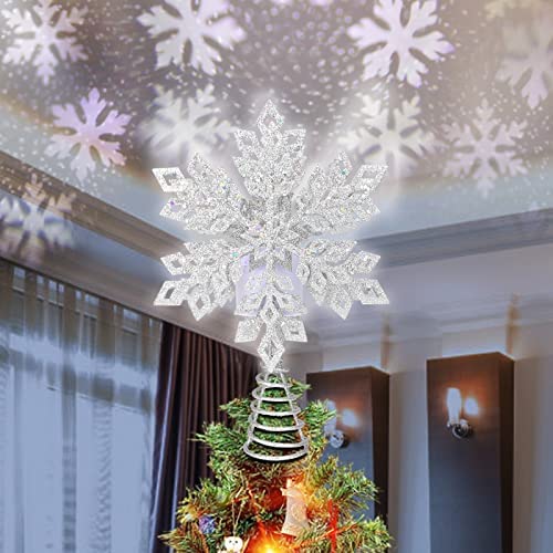 FMJHCW 3D Hollow Star Christmas Tree Topper for Christmas Tree Decoration Snowflake Projector Lights with Built-in Rotating LED Ball A 