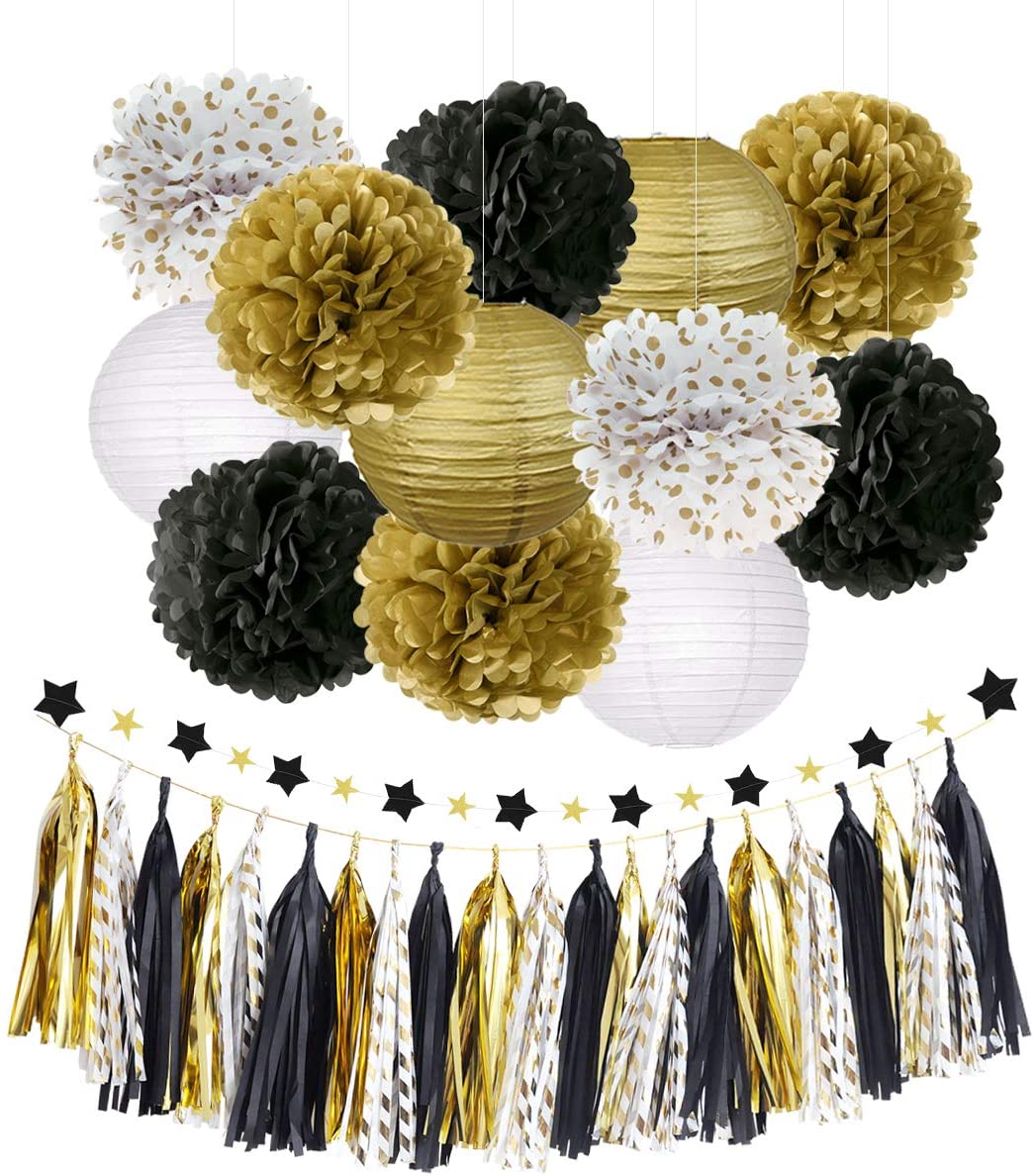 NICROLANDEE Black and Gold Party Decorations Black Gold Tissue Paper Pom  Poms Flowers Hanging Paper Lanterns Star Garland Tassel for Happy New Year  Decorations 2022, Wedding, Birthday, Prom Party – Homefurniturelife Online  Store