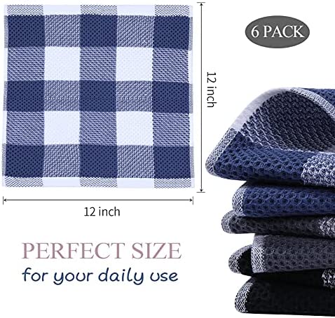 White & Black Super Soft and Absorbent Dish Towels Quick Drying Dish Rags 6-Pack Homaxy 100% Cotton Waffle Weave Check Plaid Dish Cloths 12 x 12 Inches 