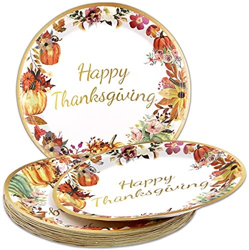 Thanksgiving Paper Plates and Napkins Disposable Dinnerware Set for 24 guests give thanks Theme Party Supplies happy thanksgiving Autumn Tableware Set in Elegant Gold Foil Fall Design 