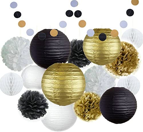 Happy Year Party Decorations Black White Gold Paper Lanterns Tissue Paper Flowers Pom Poms Hanging Paper Fans Great Years Eve Party /Birthday Decorations/Bridal Shower Decorations 
