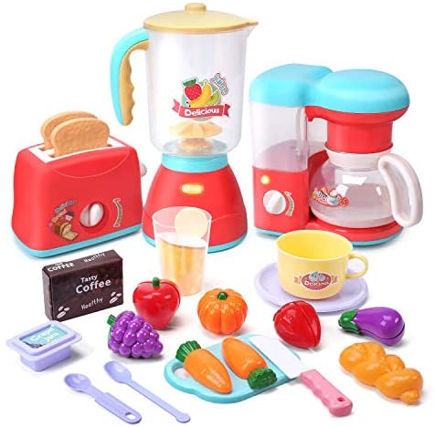 CUTE STONE Kitchen Appliances Toy,Kitchen Pretend Play Set with Coffee  Maker Machine,Toaster,Blender with Realistic Light,Play Cutting Foods and  Play 
