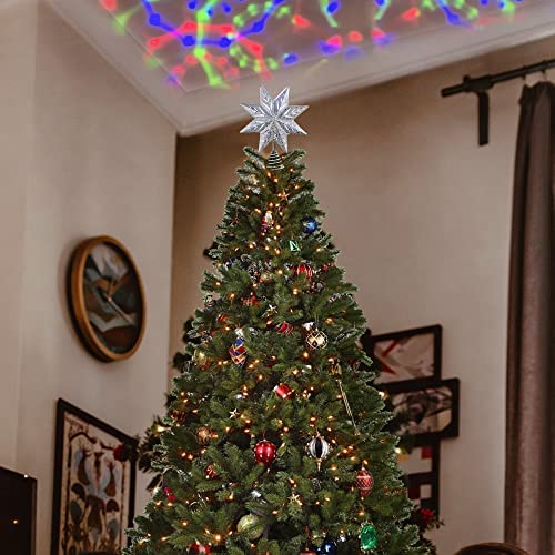Metal Christmas Tree Decorations 11.4 Inch Christmas Tree Star Topper with Rotating Magic Rainbow LED Lights Plug in Lighted Christmas Tree Ornament GUOOU Christmas Tree Topper Silver