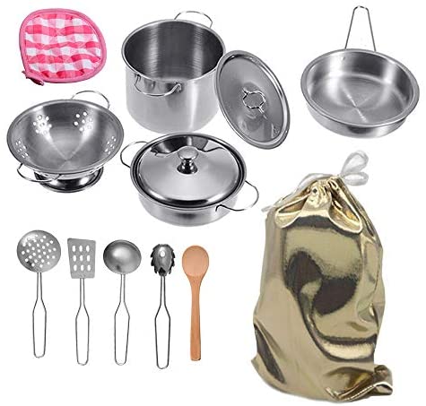 12pcs Stainless Steel Pots and Pans Cookware Pretend Kitchen Play Set for Kids 