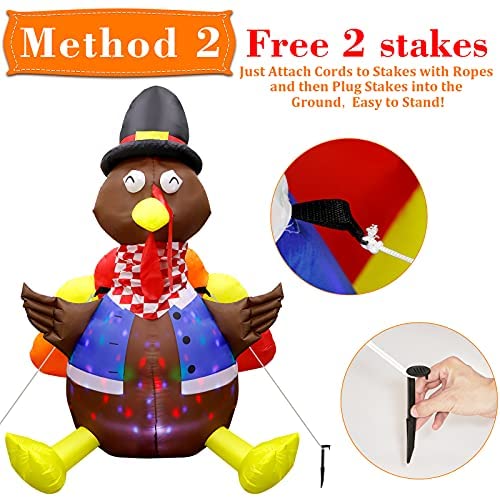 AerWo 6ft Inflatable Turkey Outdoor Thanksgiving Decoration Sandbag for Fall Yard Lawn Party Holiday Decorations Blow Up Turkey Inflatable Built-in Colorful LED Rotating Lights with Stakes 