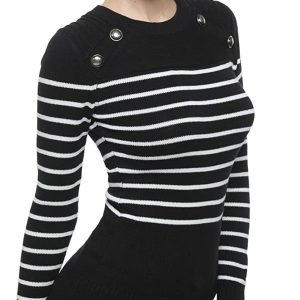 AmélieBoutik Women Crewneck Striped Military Button Embellished Sweater