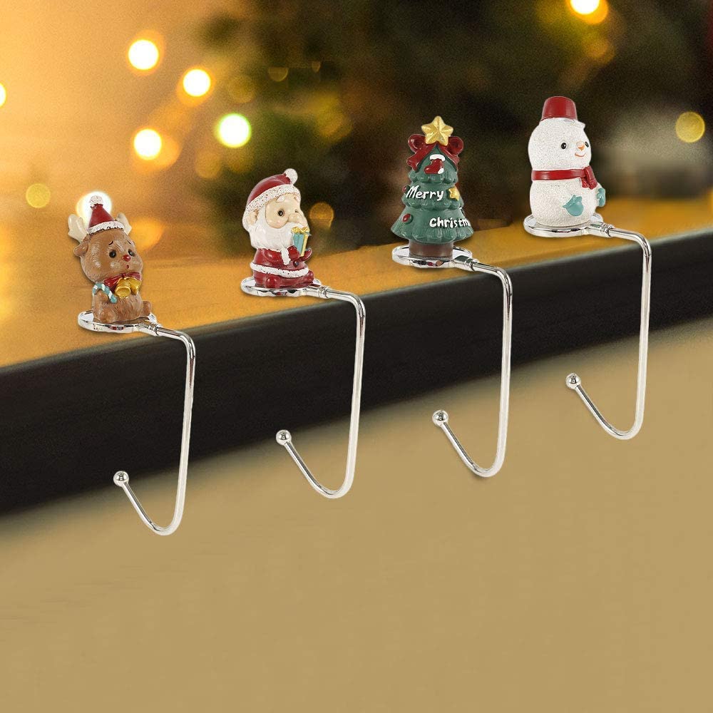 Ghopy 4 pcs Christmas Stocking Holders Fireplace Hooks Hanger Non-Slip Safety Hang Grip Mantel Hooks Mantle Hooks for Xmas Party Mantelpiece Decoration