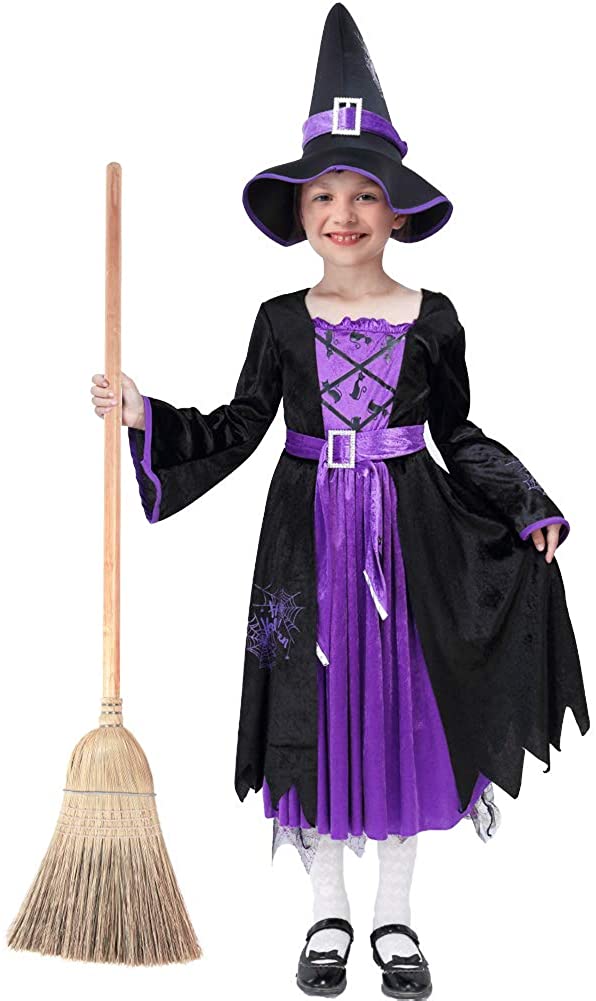 New Girls Violet Witch Dress and Hat Halloween Costume 