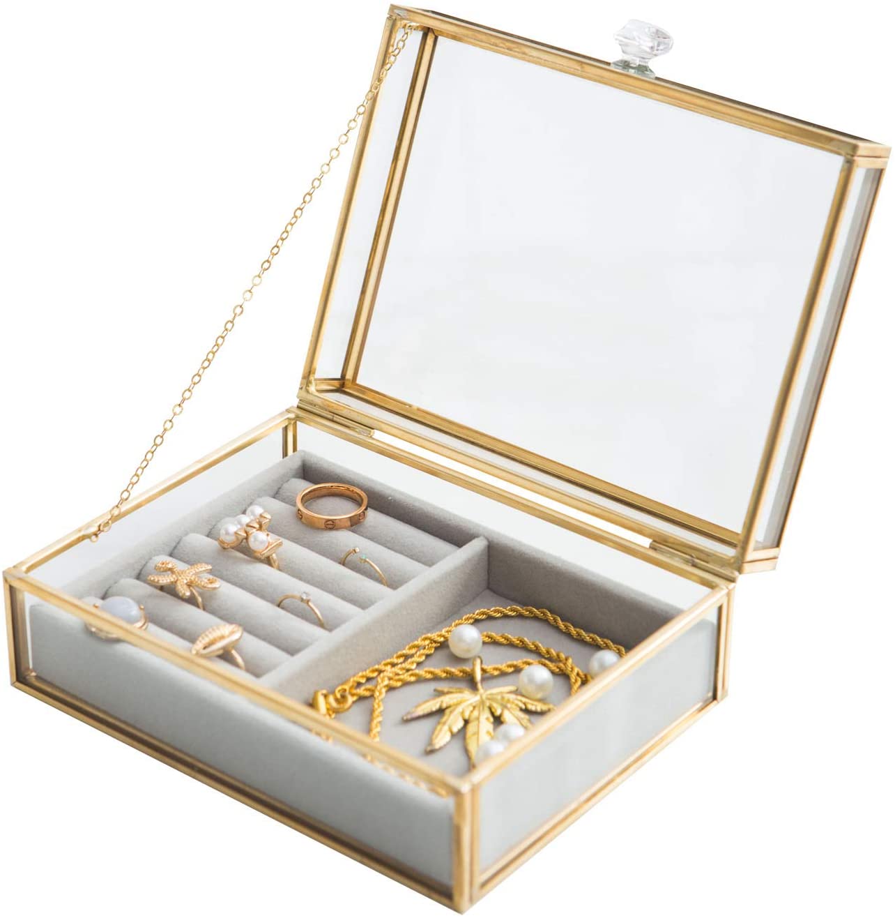 Organizer Case Box Holder Storage Glass Lid Jewelry Earrings Velvet Display Ring 