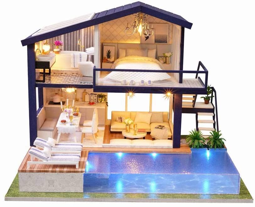 Architecture Model Building Kits with Furniture LED Music Box Miniature Wooden 