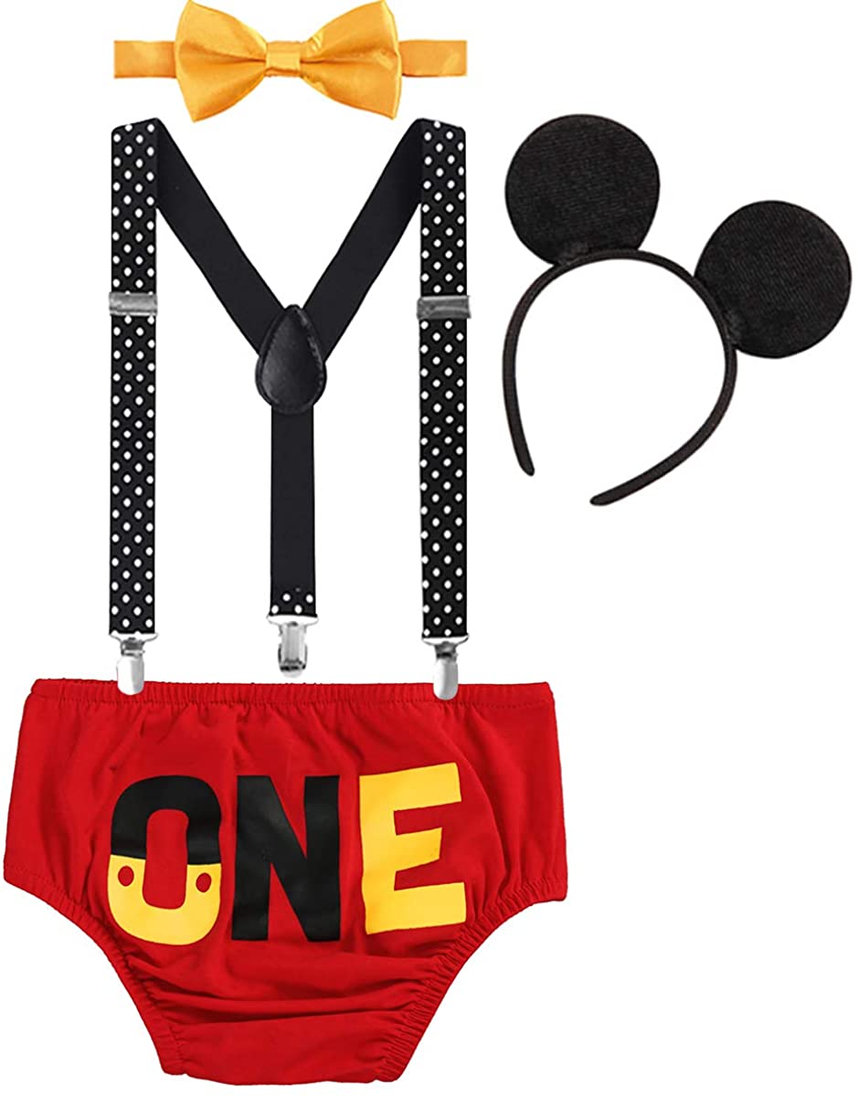 Mickey Mouse Baby Boys 1st Birthday Cake Smash Photo Prop Costume 4PCS Outfits 