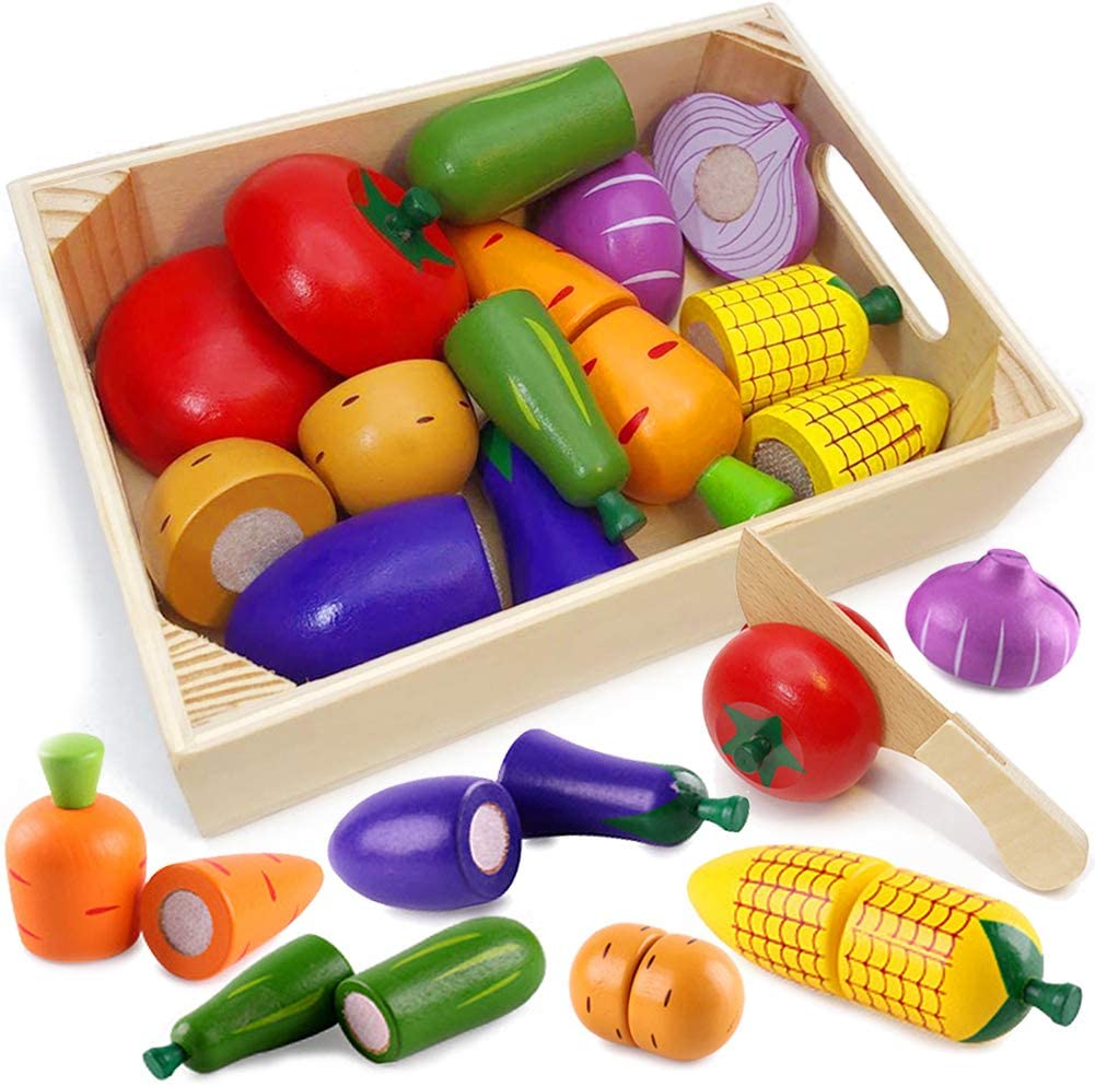 Wooden Cutting Fruit and Veg Toys Pretend Play Wood Food Cutting Set for Kids 
