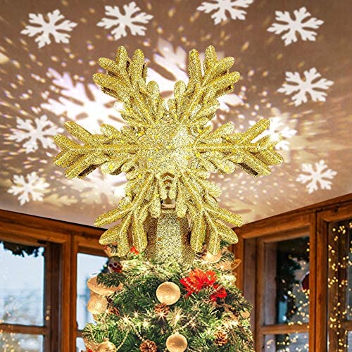 Christmas Tree Topper Gold Lighted With Led Rotating Snowflake Projector Lights Ornaments Festival Decorations Homefurniturelife Online
