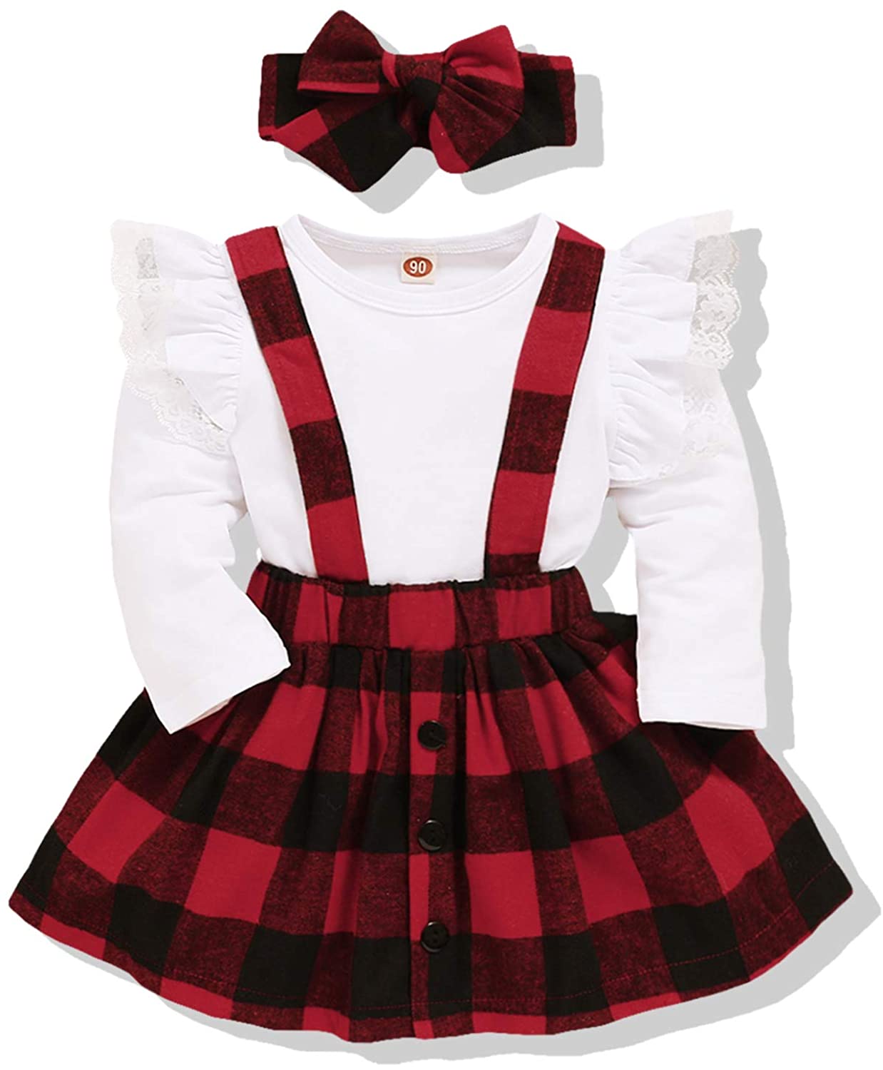 Toddler Kids Baby Girl Outfits Set Thanksgiving Long Sleeve T Shirt Plaid Suspender Skirt Outfits Set 1-5Years Olds 
