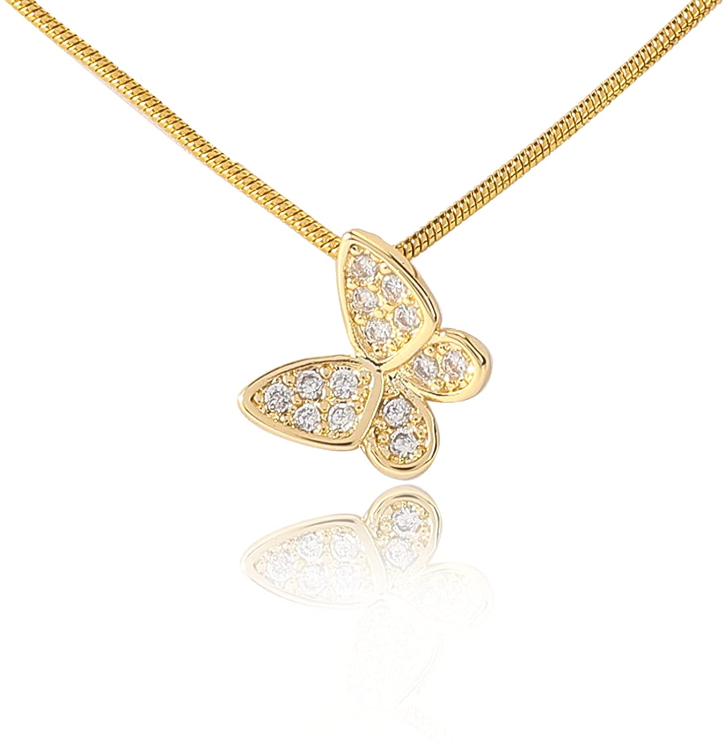 Dainty 14k Yellow Gold Butterfly Pendant With CZ Stones.