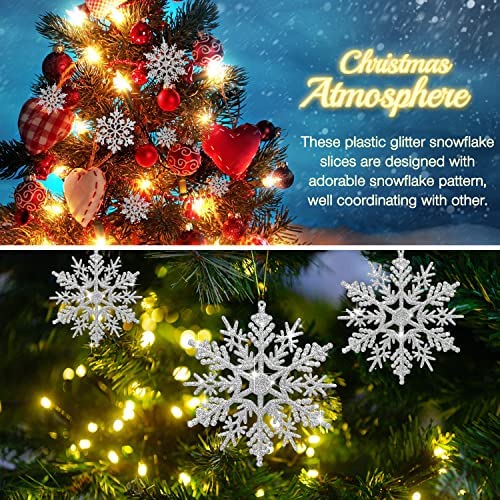 16PCS Silver Glitter Snowflake Winter Snowflake Ornaments Christmas Hanging Decorations with Silver Rope for Christmas Winter Wonderland Holiday New Year Party Home Decorations