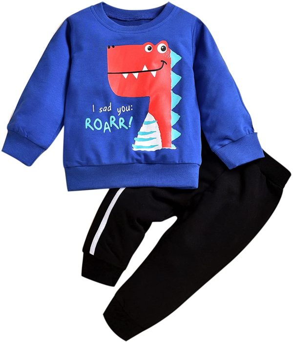 2Pcs Baby Boys Hoodie Tops Pants Set Dinosaur Deer Print Sweatsuit Fall Winter Outfits 