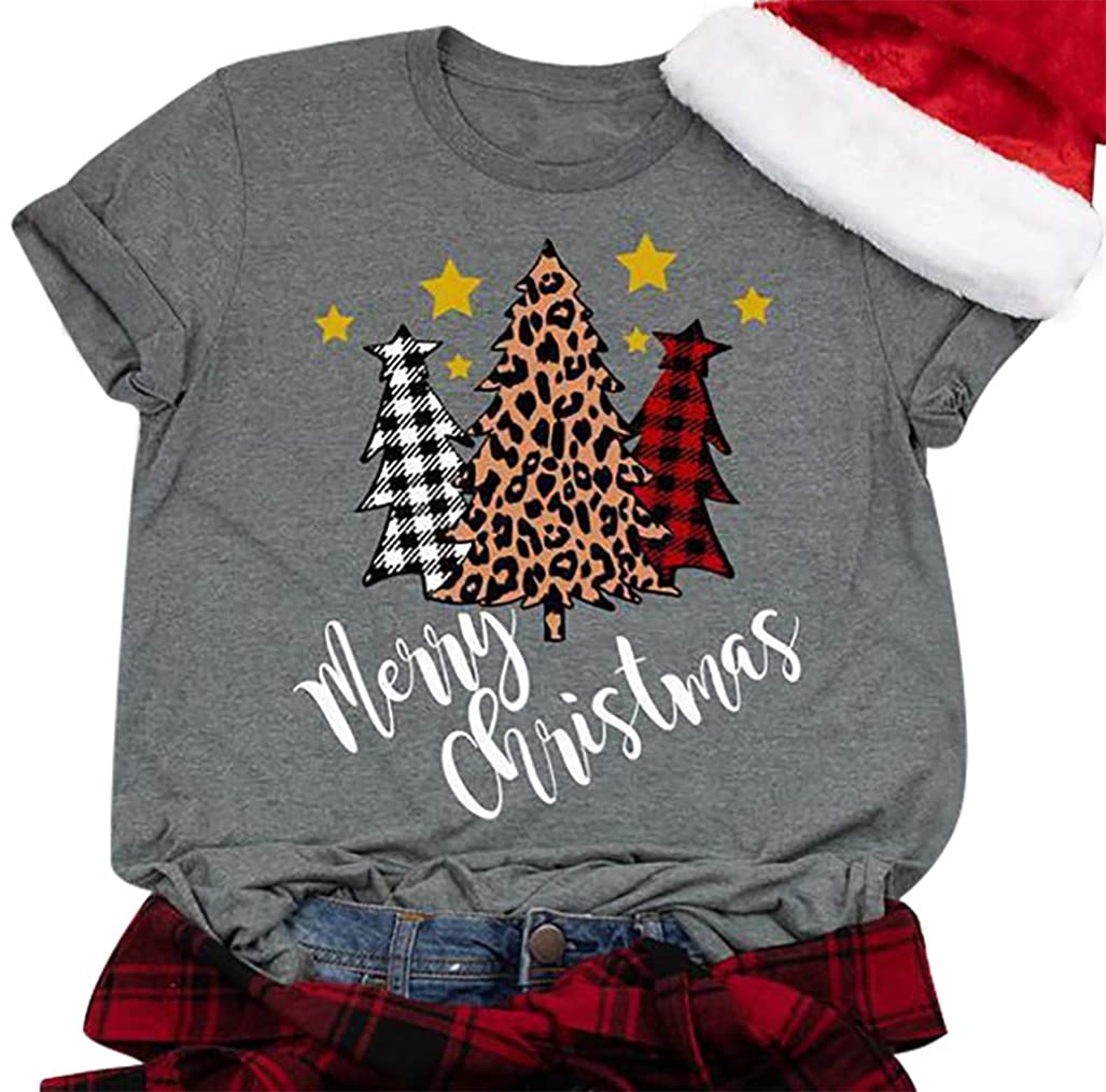 Christmas T Shirt Womens Merry and Bright Letter Printed Short Sleeve Tops Holiday Shirt Christmas Tree Tee Shirts 