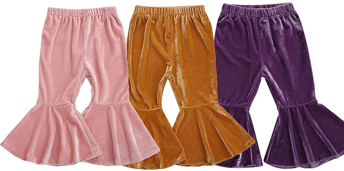 allshope Toddler Kids Girl Pants 3-Pack Velvet Ruffle Leggings Bell Bottoms Flare Pants 1-6T 