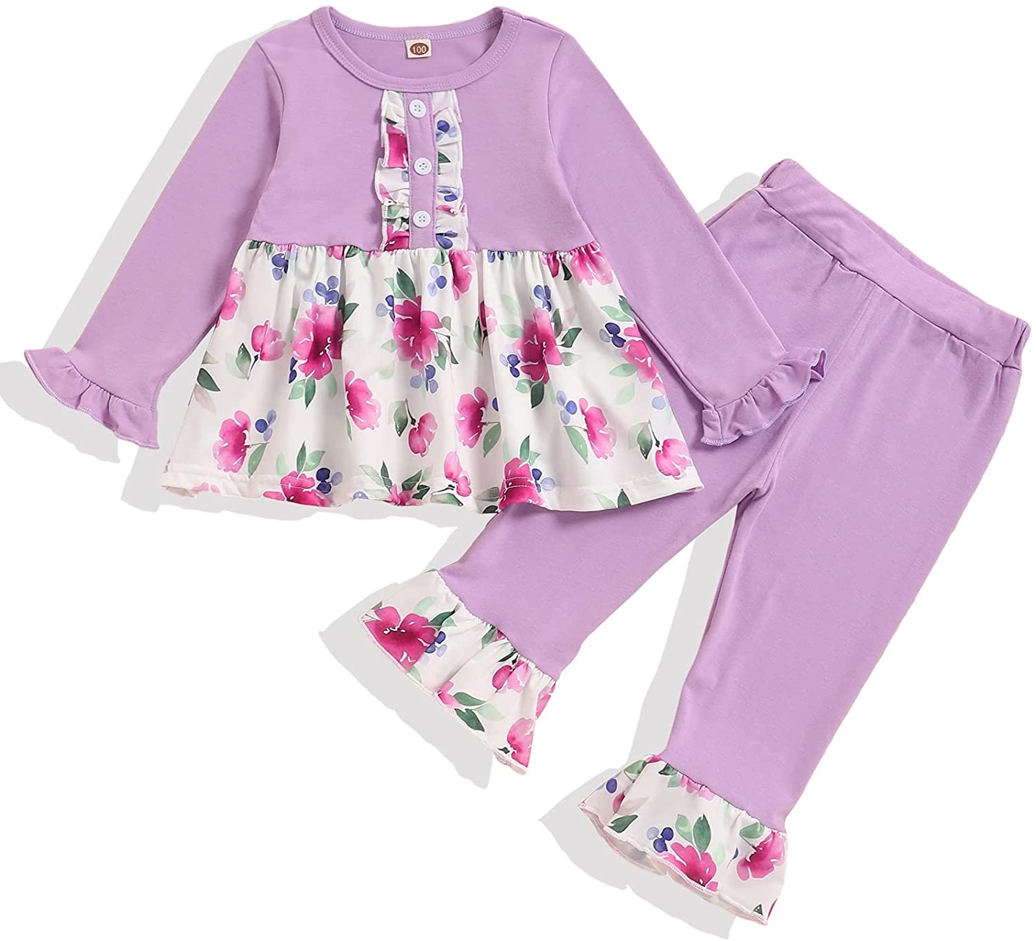bilison Toddler Baby Girl Clothes Long Sleeve Ruffle Tops Floral Flare Pants Little Girls Fall Winter Outfit Set 