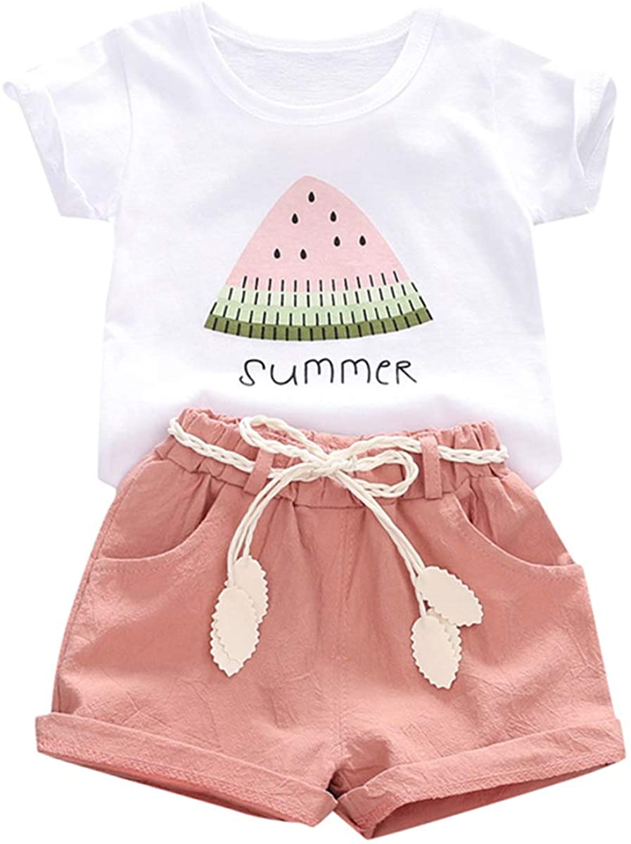 YOUNGER TREE Toddler Baby Girls Clothes Watermelon T-Shirt Linen Shorts with Belt Cute Summer Short Set 